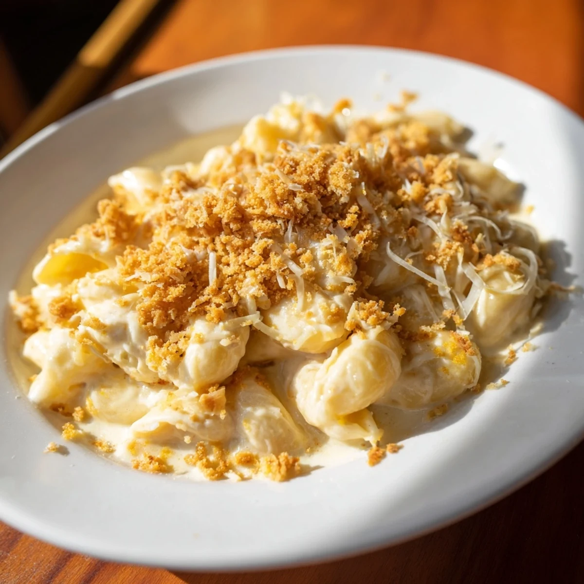 A close-up of Easy Tinis Mac & Cheese shows a creamy, cheesy, golden-brown perfection.