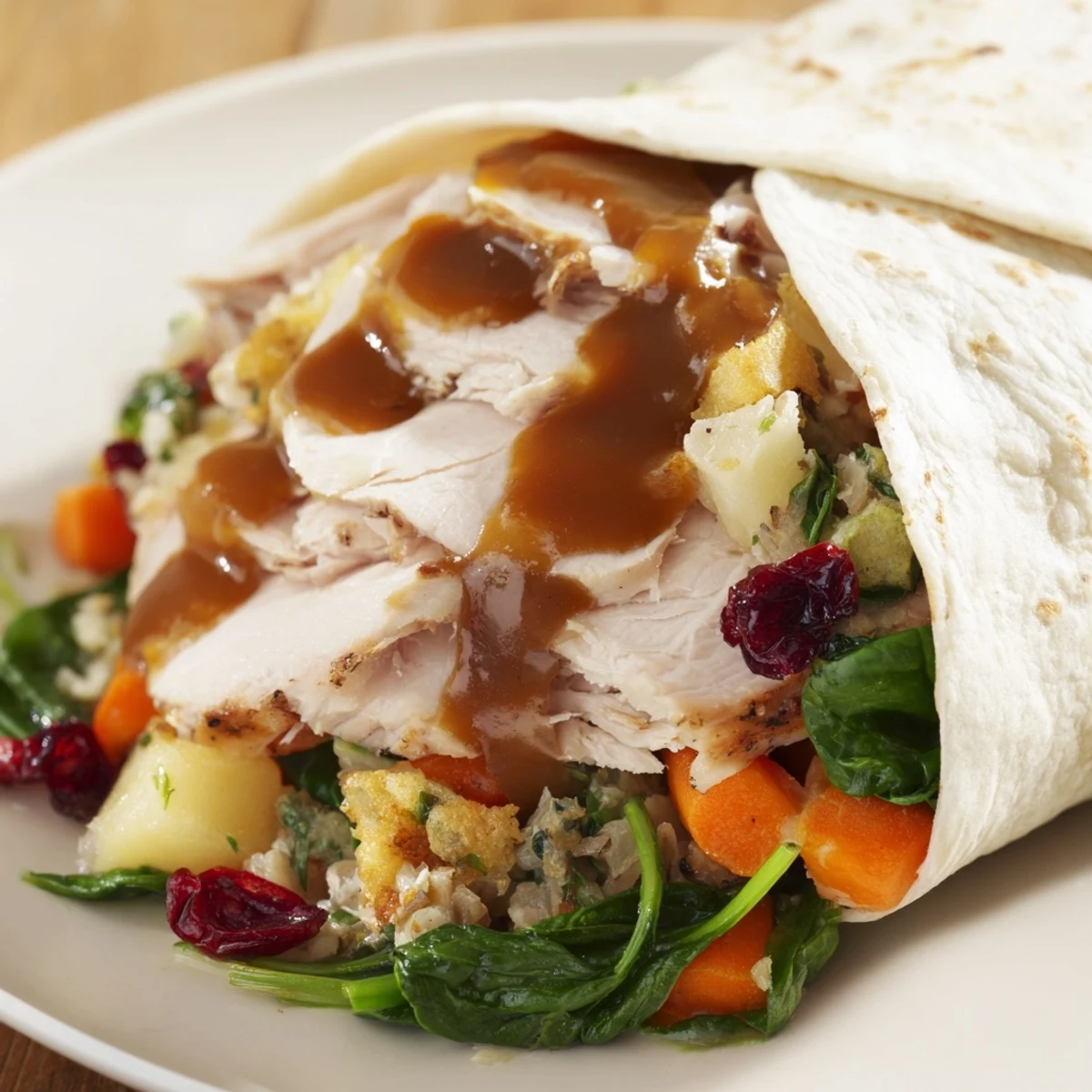 A close-up of a Simple Christmas Leftover Wrap, highlighting the flavorful textures of holiday leftovers.