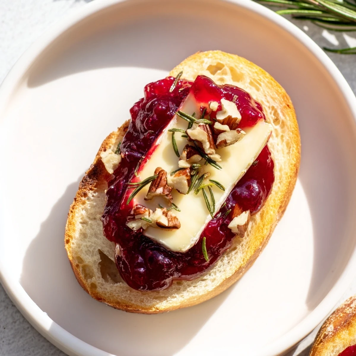 Golden, toasted Quick Cranberry Brie Crostini topped with vibrant cranberry sauce and rosemary for an elegant appetizer.