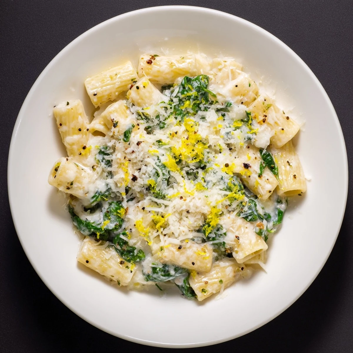 Golden, bubbly Whipped Ricotta & Spinach Baked Pasta, a cheesy delight ready for serving.