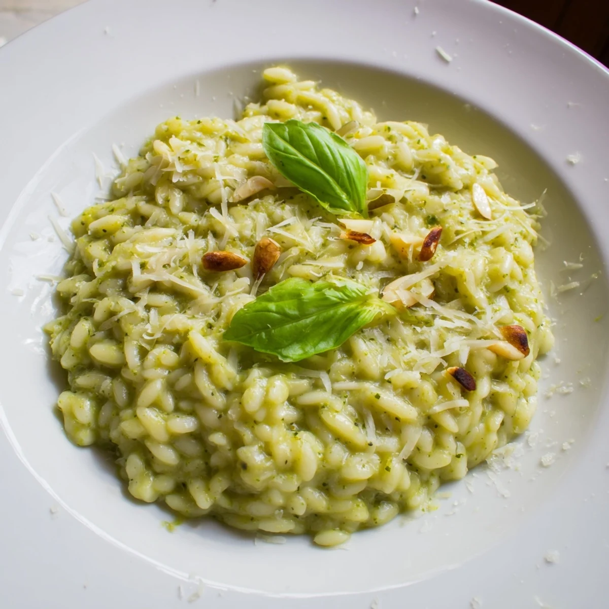 Close-up of creamy 15-Minute Pesto Risoni, the comforting pasta dish exploding with flavor.