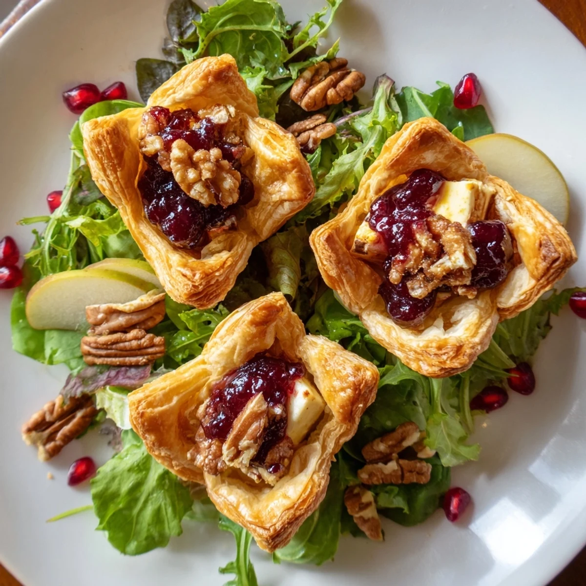 Golden cranberry and brie flower bites atop fresh greens, a holiday appetizer bursting with flavor.