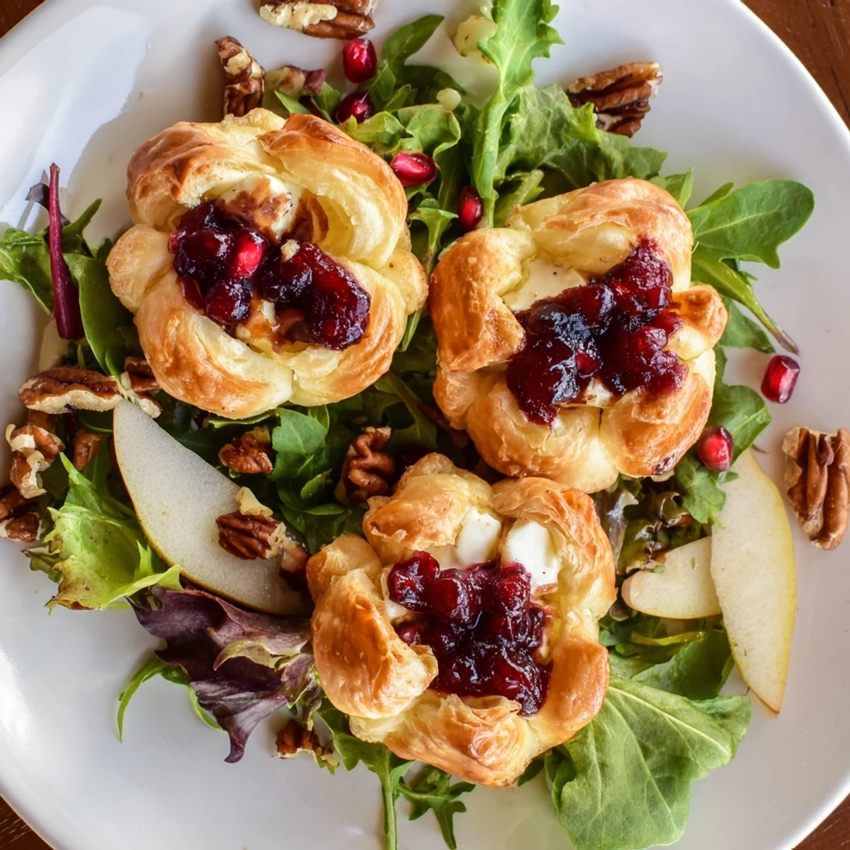 Festive cranberry and brie flower bites, served with a vibrant salad, perfect for a light, elegant meal.