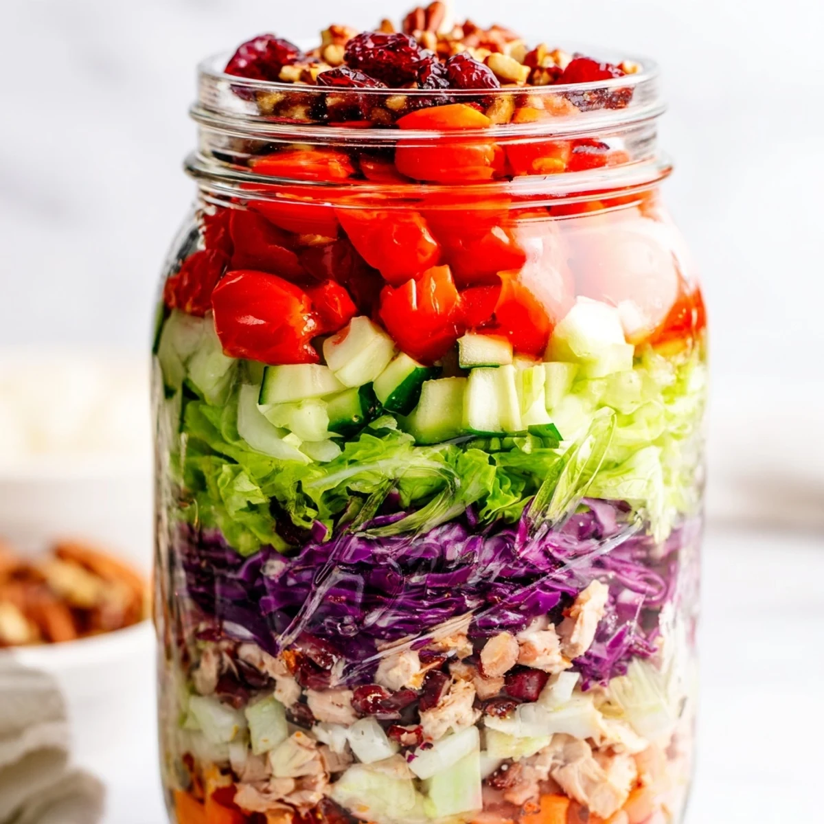 Layered Holiday Chopped Chicken Salad Jar layered with vibrant vegetables, ready for a festive, healthy meal.