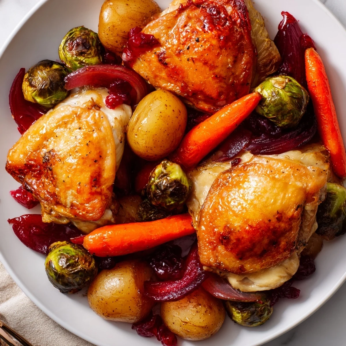 Golden-brown sheet pan chicken with cranberry vinaigrette, featuring roasted vegetables and vibrant sauce, perfect for dinner.