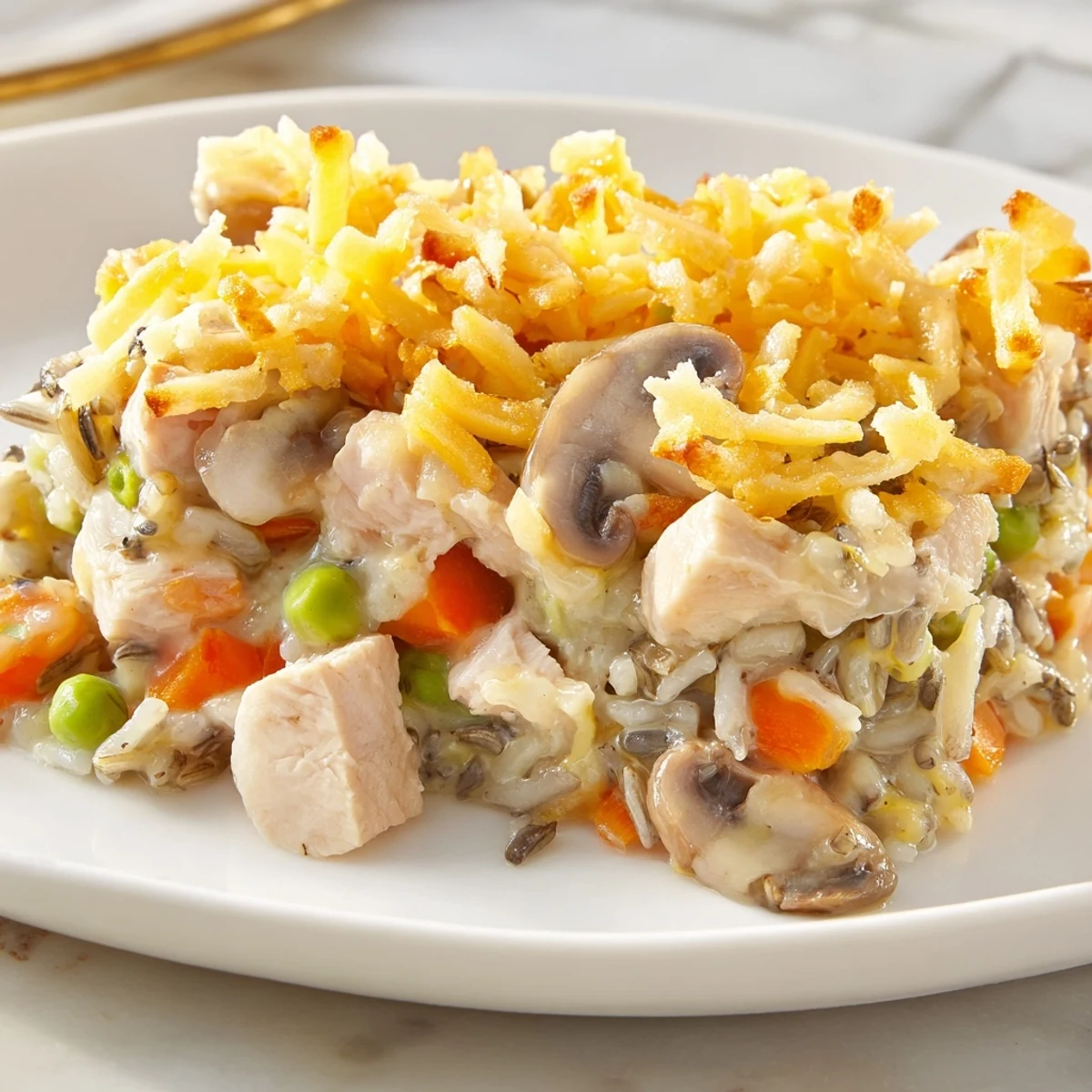 Golden-brown Chicken and Wild Rice Bake, a hearty, comforting casserole, perfect for a family meal.