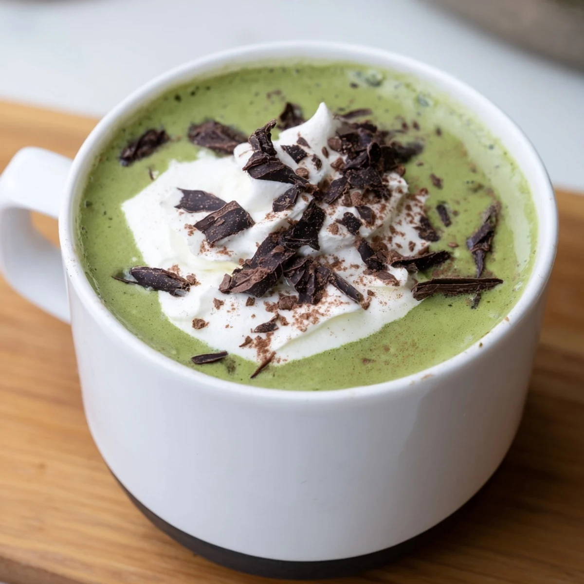 Steaming Matcha Hot Cocoa Protein Mug topped with whipped cream, perfect for a quick breakfast.