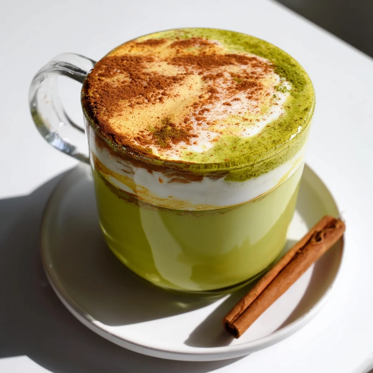 Steaming Maple Cinnamon Gingerbread Matcha Oat Latte, topped with cinnamon, ready to warm your day.