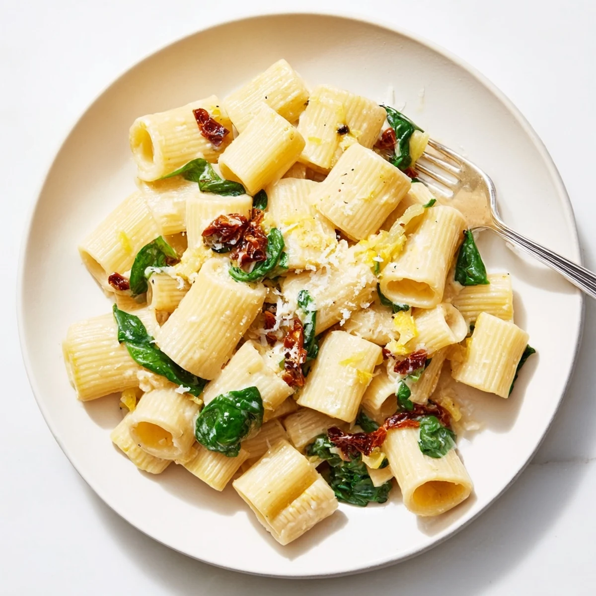 Creamy Sun-Dried Tomato Spinach Cottage Cheese Pasta: a vibrant bowl of pasta, showcasing its creamy texture.