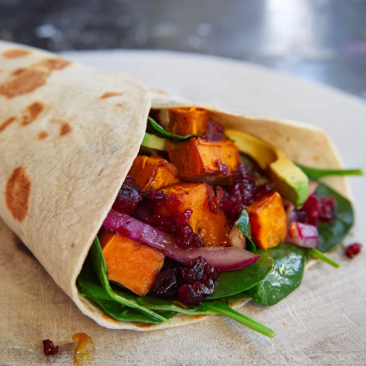Golden-roasted vegetables inside a neatly wrapped Roasted Sweet Potato & Black Bean Holiday Wrap creation.