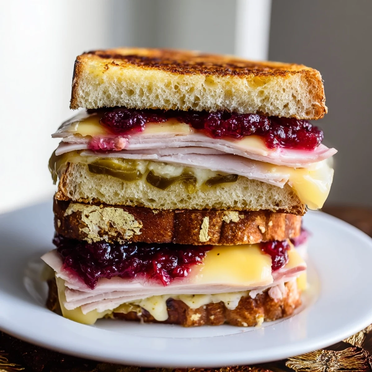 Warm, air fryer jalapeño cranberry turkey grilled cheese, with a spicy-sweet, festive flavor.