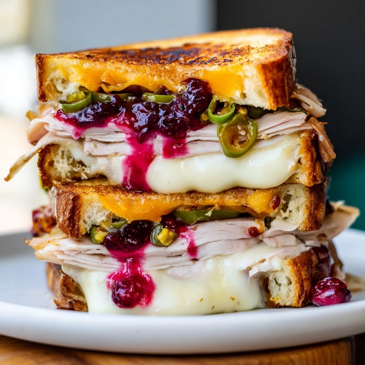 Perfectly toasted air fryer jalapeño cranberry turkey grilled cheese, ready to enjoy with a crisp drink.