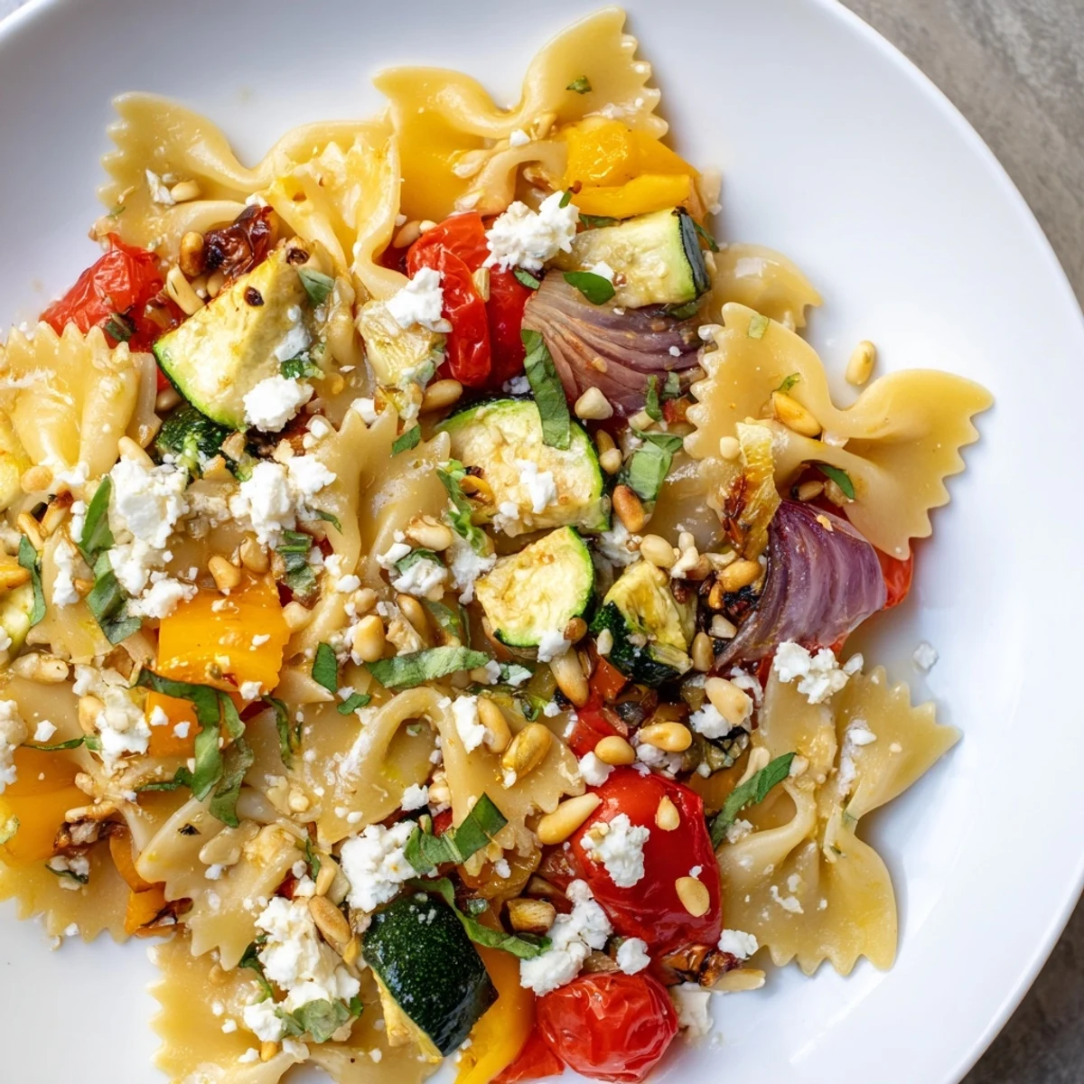 Delicious Festive Bow Tie Pasta Platter features beautiful bow tie pasta with herbs, vegetables, and dressing.