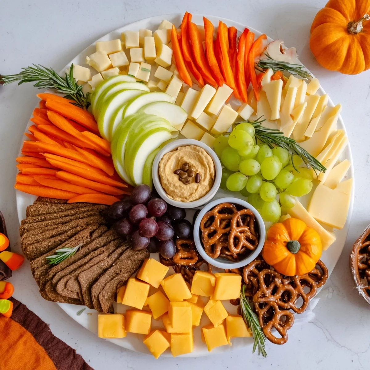 Delectable Pumpkin Patch Snack Board with colorful cheeses, fruits, and crackers perfect for fall gatherings.