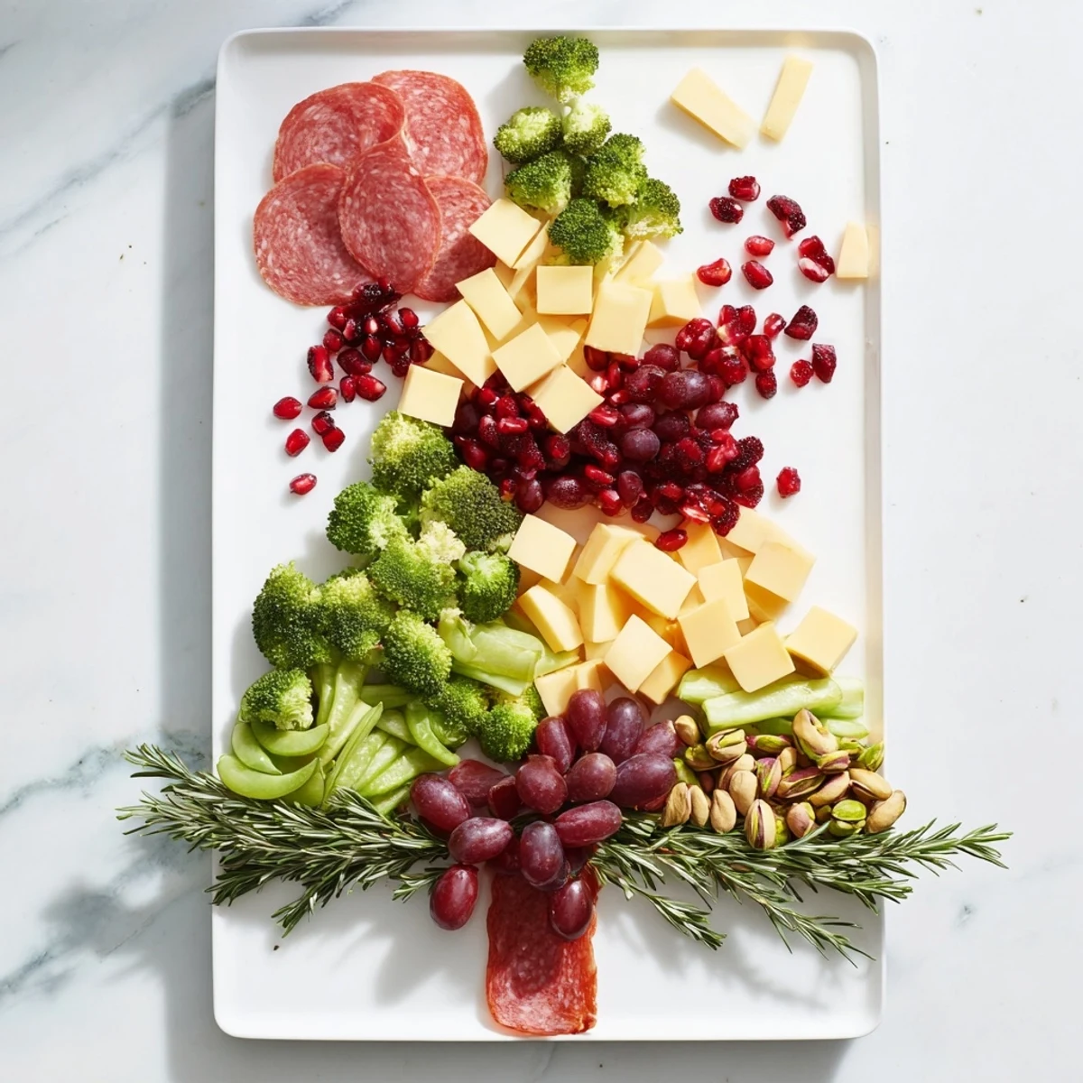 An Evergreen Tree Snack Board overflowing with vibrant cheeses, salami, and sparkling pomegranate seeds.
