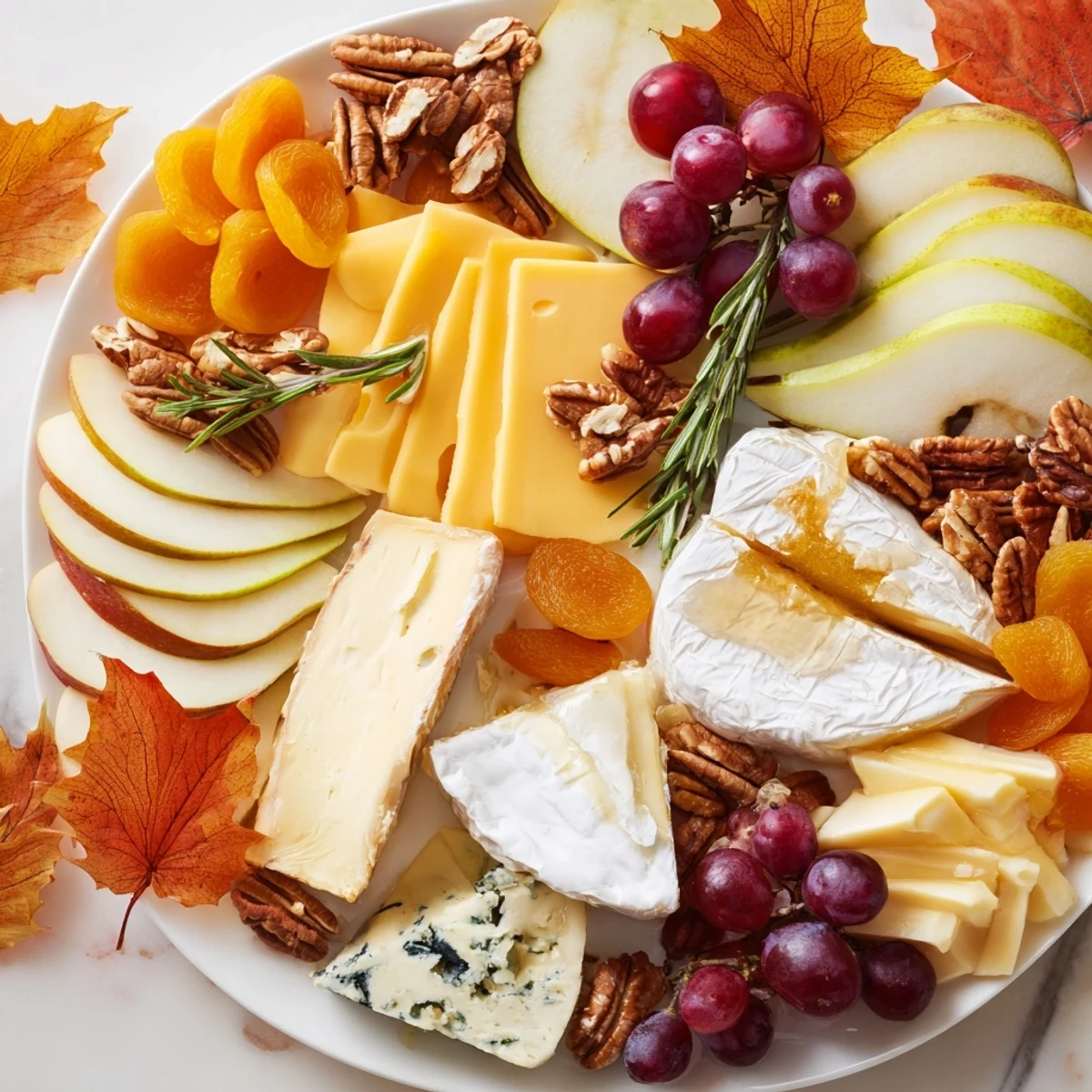 Beautifully arranged Autumn Leaf Cheese Platter, offering a vibrant spread of seasonal cheeses and autumn fruit.