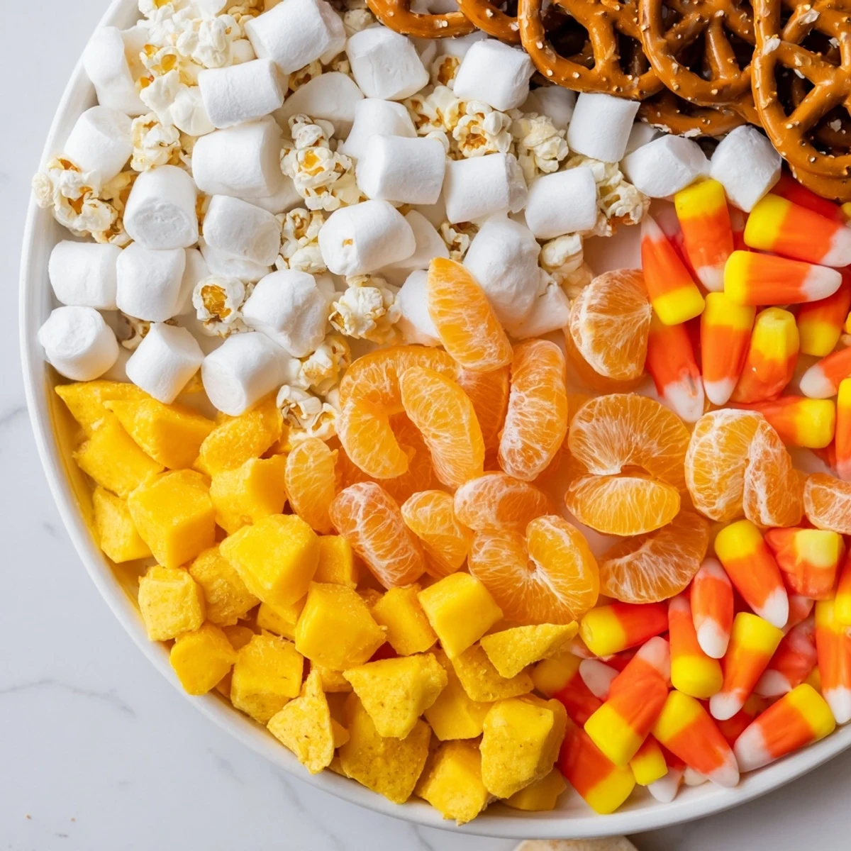 Candy corn spooky board with colorful sweets and savory snacks arranged in sections.