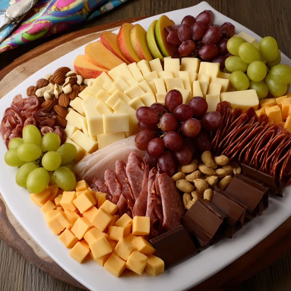 A stunning photo of a Winter Wonderland Grazing Tray showing assorted cheeses, charcuterie, fruits, and nuts arranged for sharing.