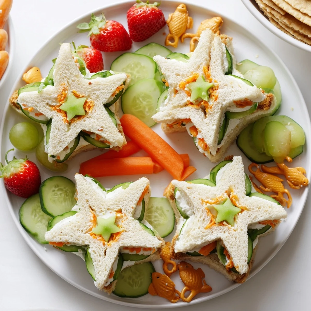 Vibrant Beach Day Starfish Snack Spread picture showcasing sandwiches, fruits, and crackers for a fun kids' party.