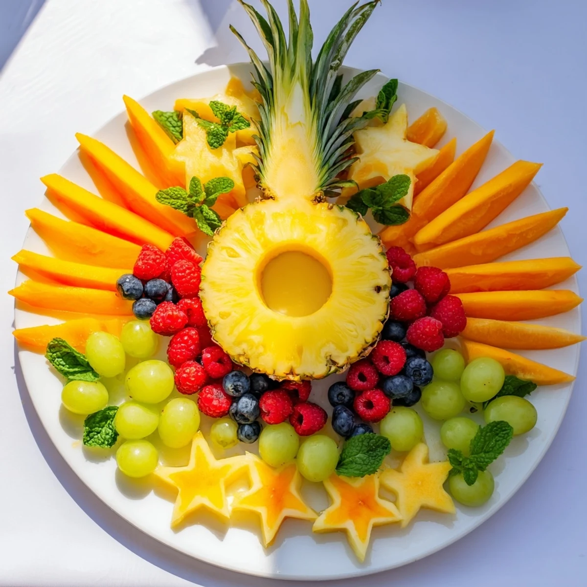 Bright Summer Rays Sun-Shaped Fruit Tray, ready to enjoy this healthy, colorful appetizer for summer.