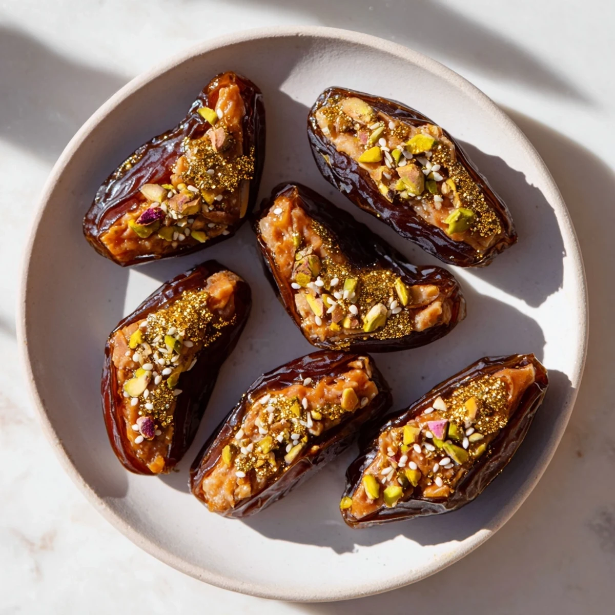 Elegant platter of Lunar and Star Dates, featuring honey-glazed fruit and a delightful nut filling.