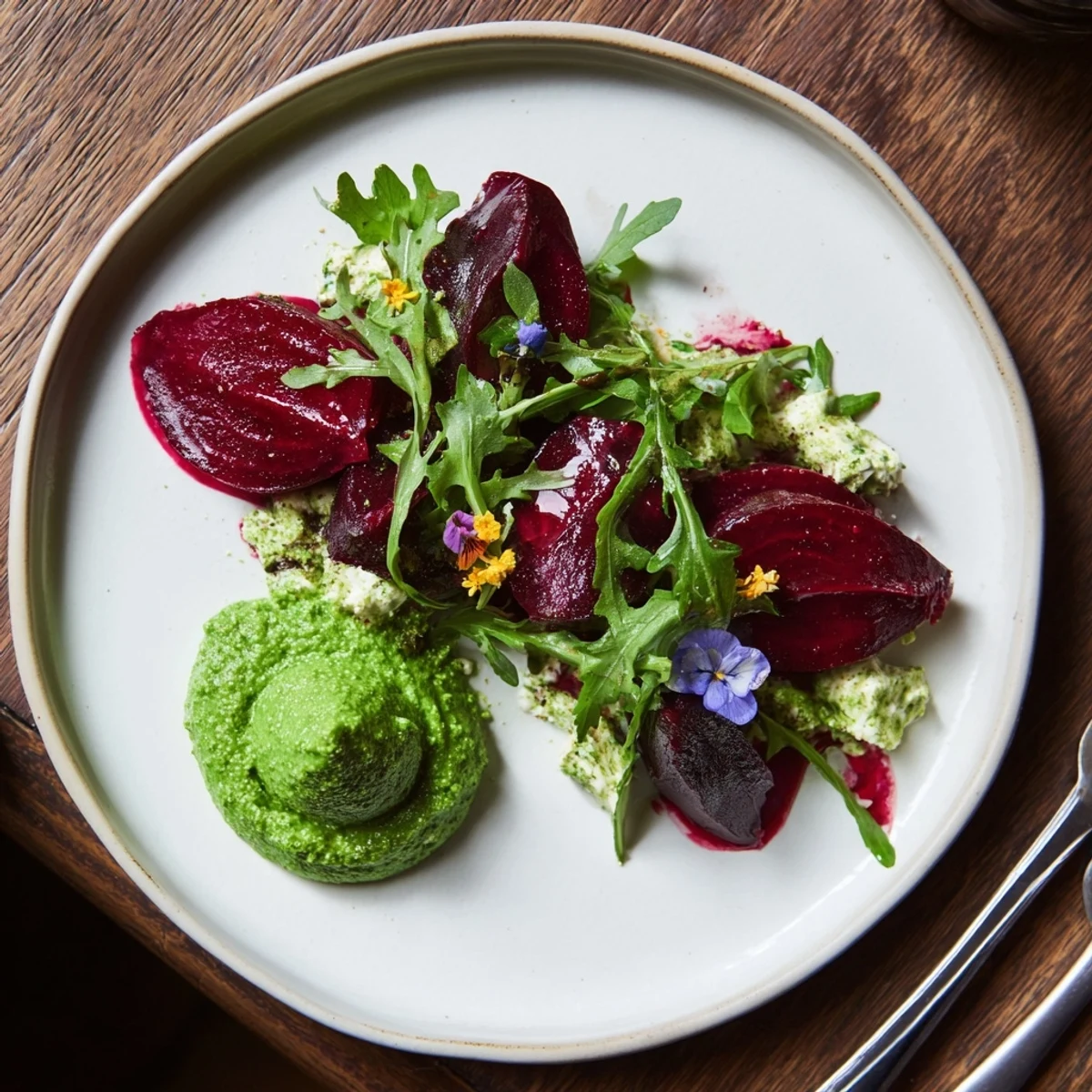 Elegant presentation of Lucky Clover Seasonal Starters, showcasing colorful pea purée, beets, and goat cheese.