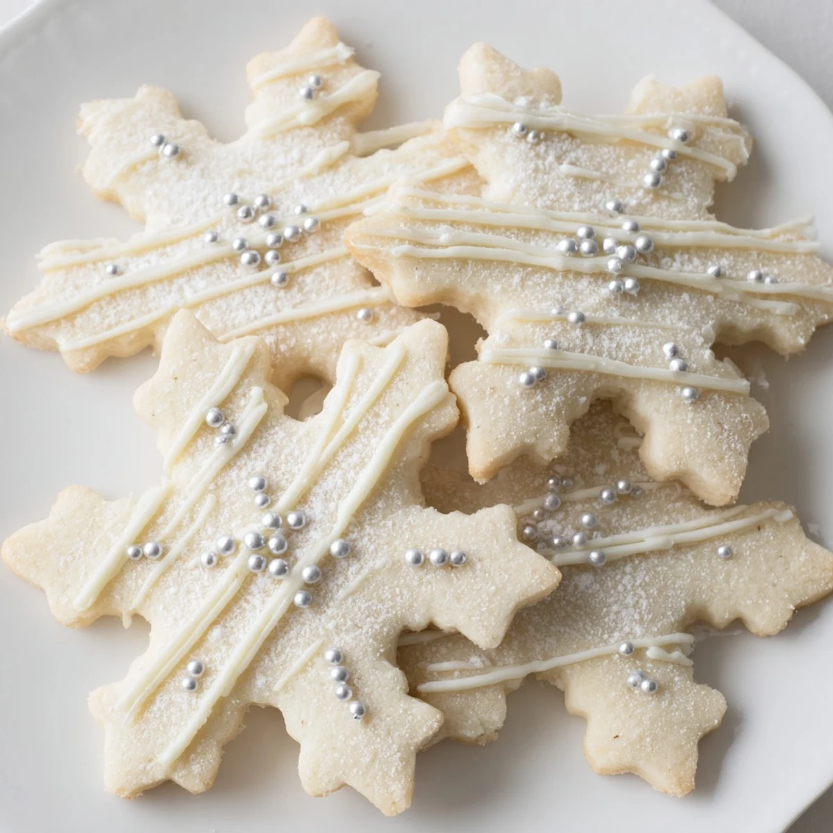 Close up view of the finished Winter Snowflake Platter, glistening cookies ready for serving.