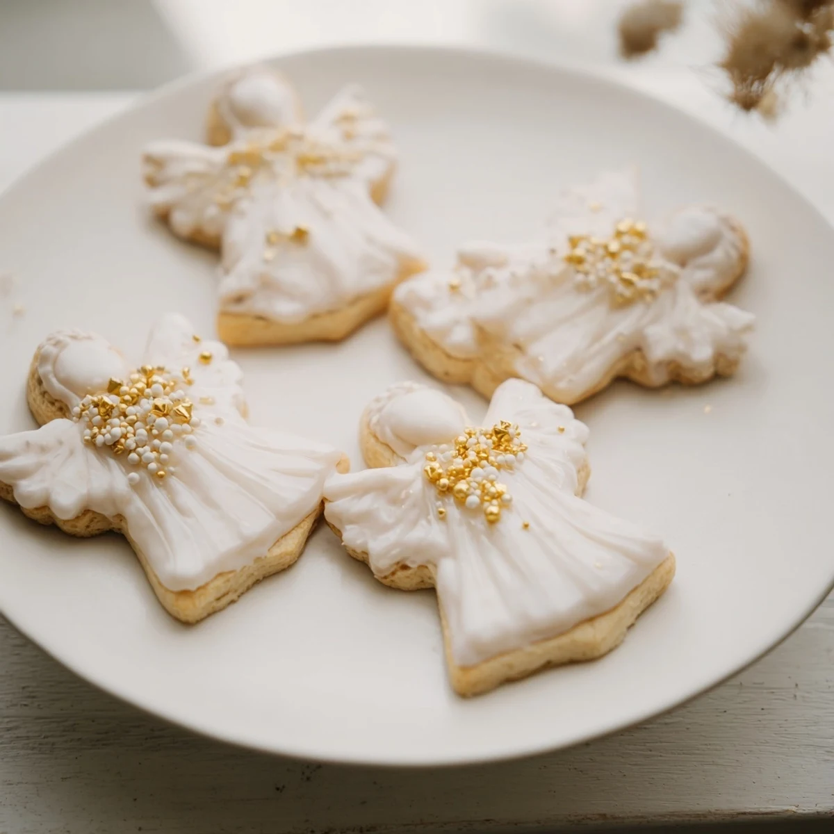 Crisp, golden Biscuits Anges de Noël, delicate angel-shaped cookies dusted with powdered sugar and ready to eat.