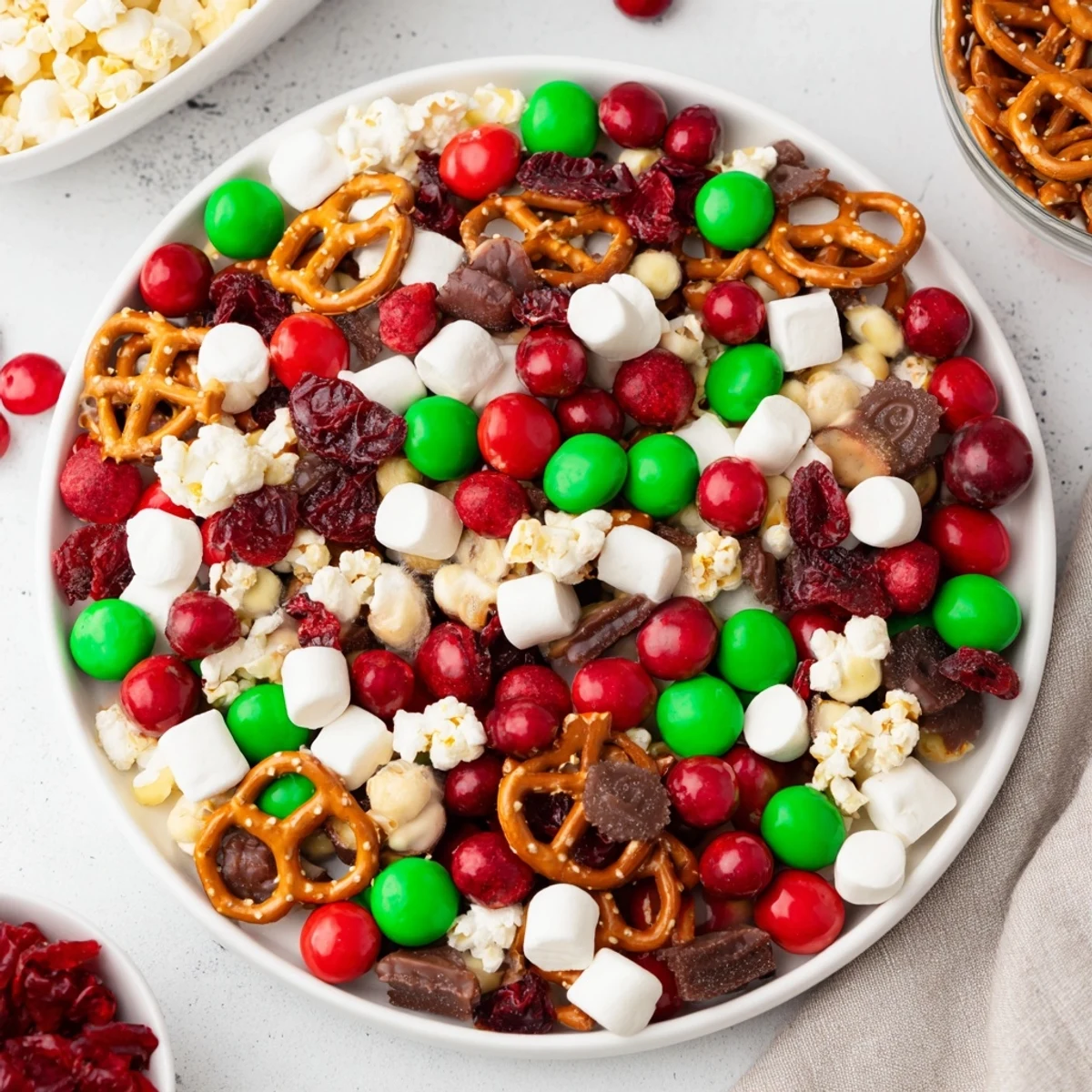 Vibrant Elf Snack Trail Mix board overflowing with colorful candies and crunchy pretzels ready to enjoy.