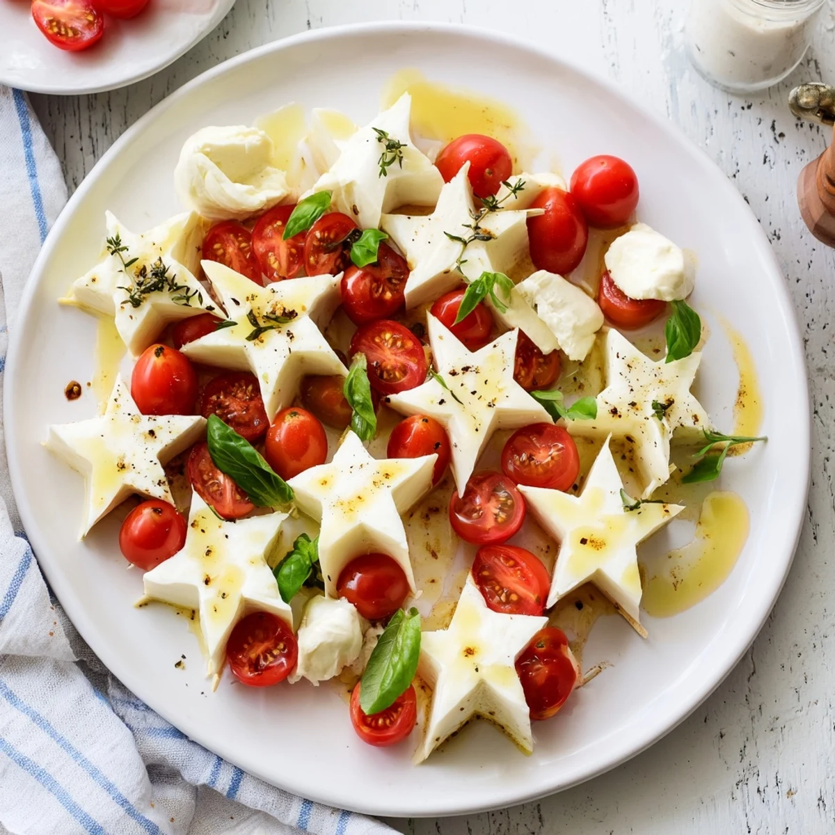 Perfect for parties: these easy Caprese skewers feature star-shaped mozzarella, basil, and a balsamic drizzle.
