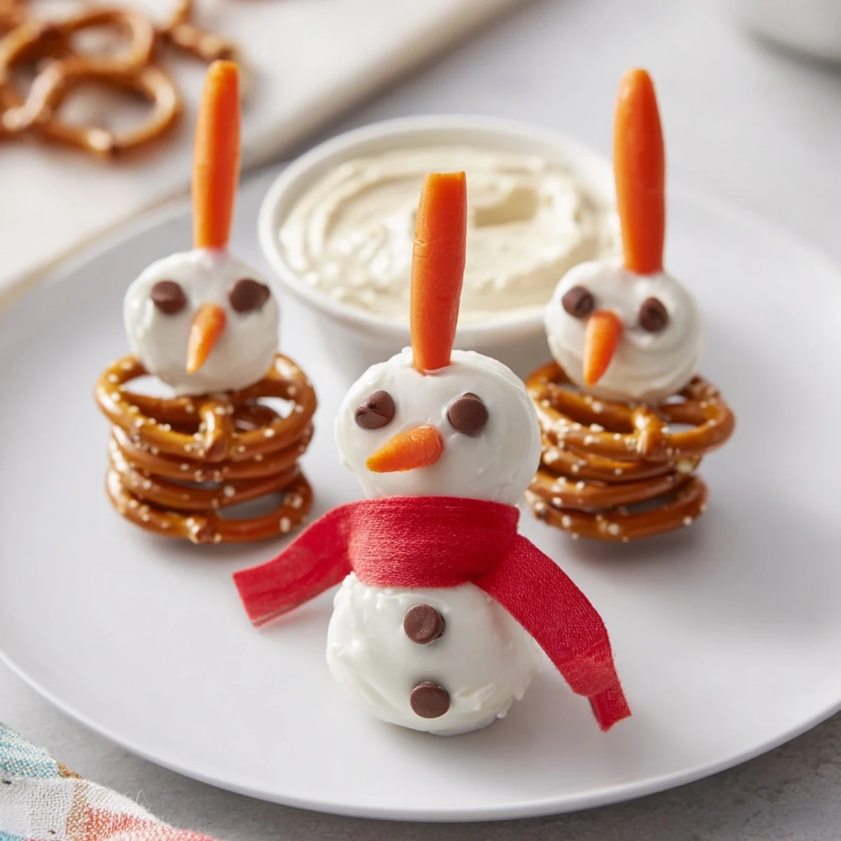 Festive snowman pretzel platter with smiley-faced snowman pretzels and colorful red pepper scarves.