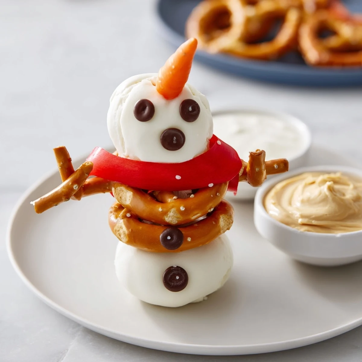 Delicious snowman pretzel and dip platter: crunchy pretzel snowmen ready to dip and enjoy.