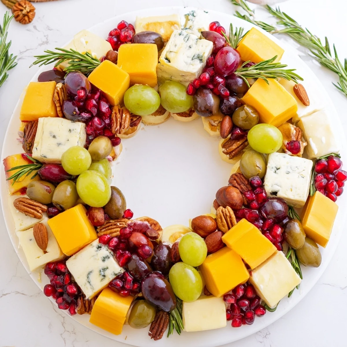 A delicious Holiday Wreath Cheese Ring arrangement offers a delightful assortment of cheeses and seasonal fruits.