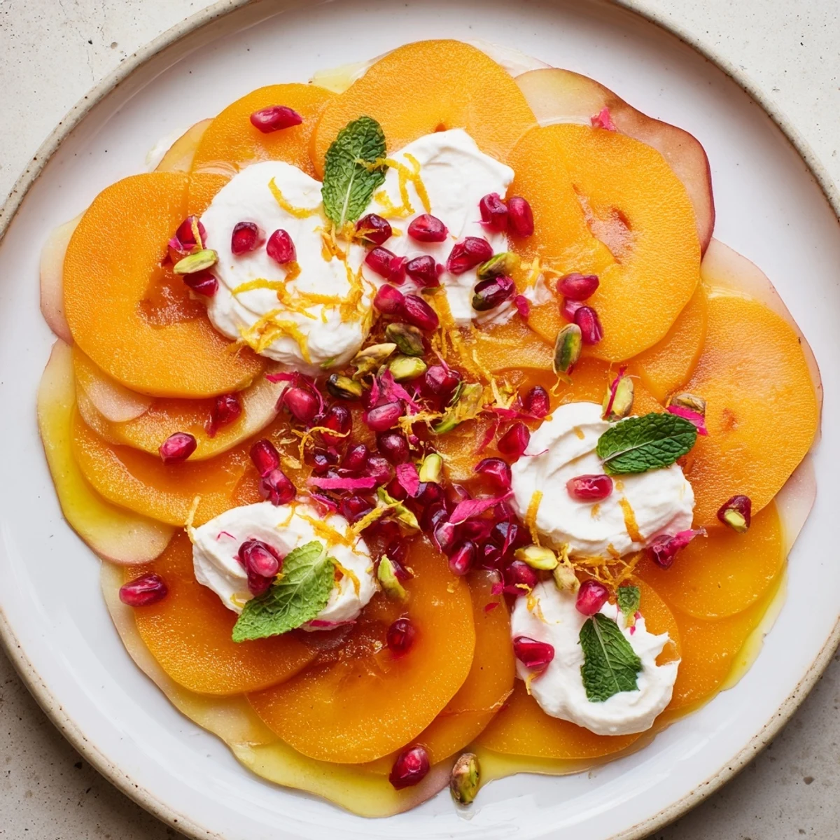 This elegant persimmon and pear snowscape offers a beautiful arrangement, perfect for a light dessert.