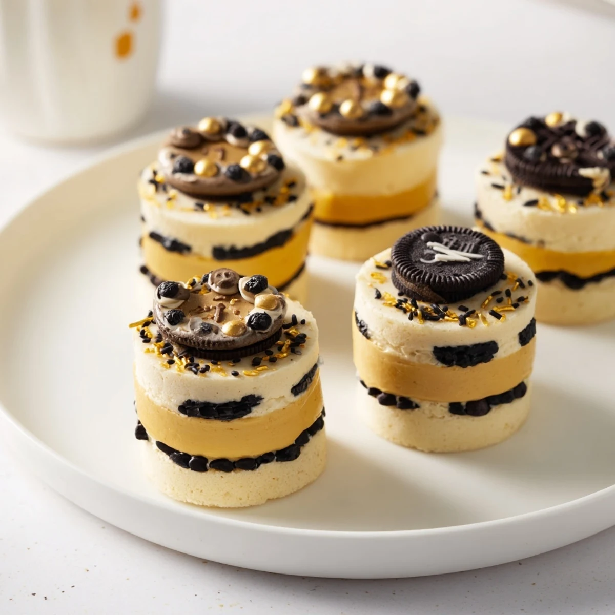 Countdown Clock Mini Desserts, frosted with creamy buttercream and edible pearls, ready for a New Year's Eve.