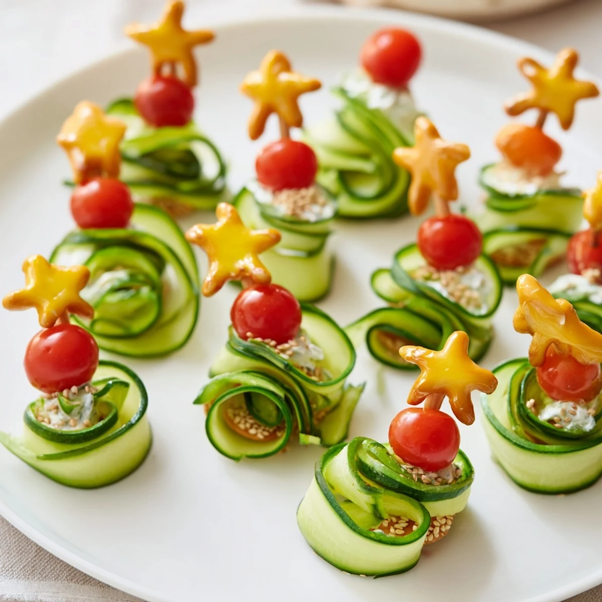 Crisp, spiral cucumber ribbon Christmas trees with creamy cheese, a refreshing appetizer for a party.