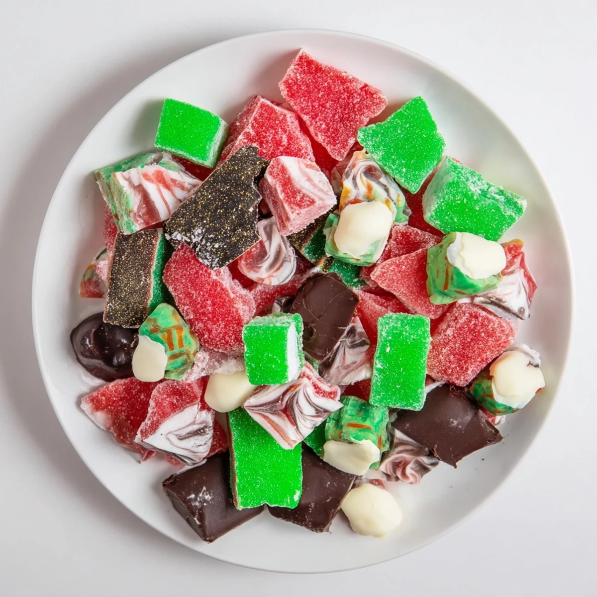 A close-up view shows sparkling detail of a festive Jingle Bell Rock Candy dessert platter for the holidays.
