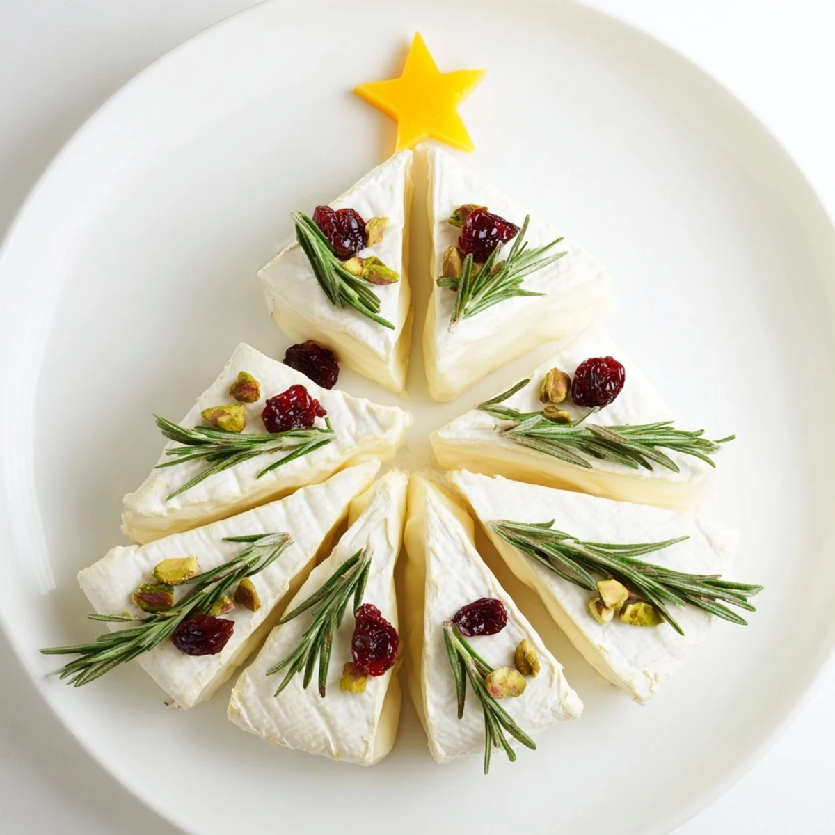 Vibrant Simple Brie Triangle Cheese Tree display, garnished with rosemary and cranberries, ready to serve.
