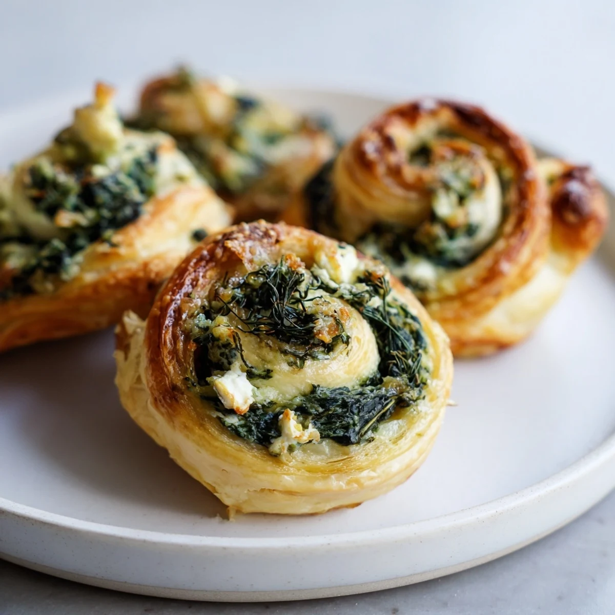 Flaky, golden-brown spinach feta pinwheel spirals, a savory appetizer baked to perfection.