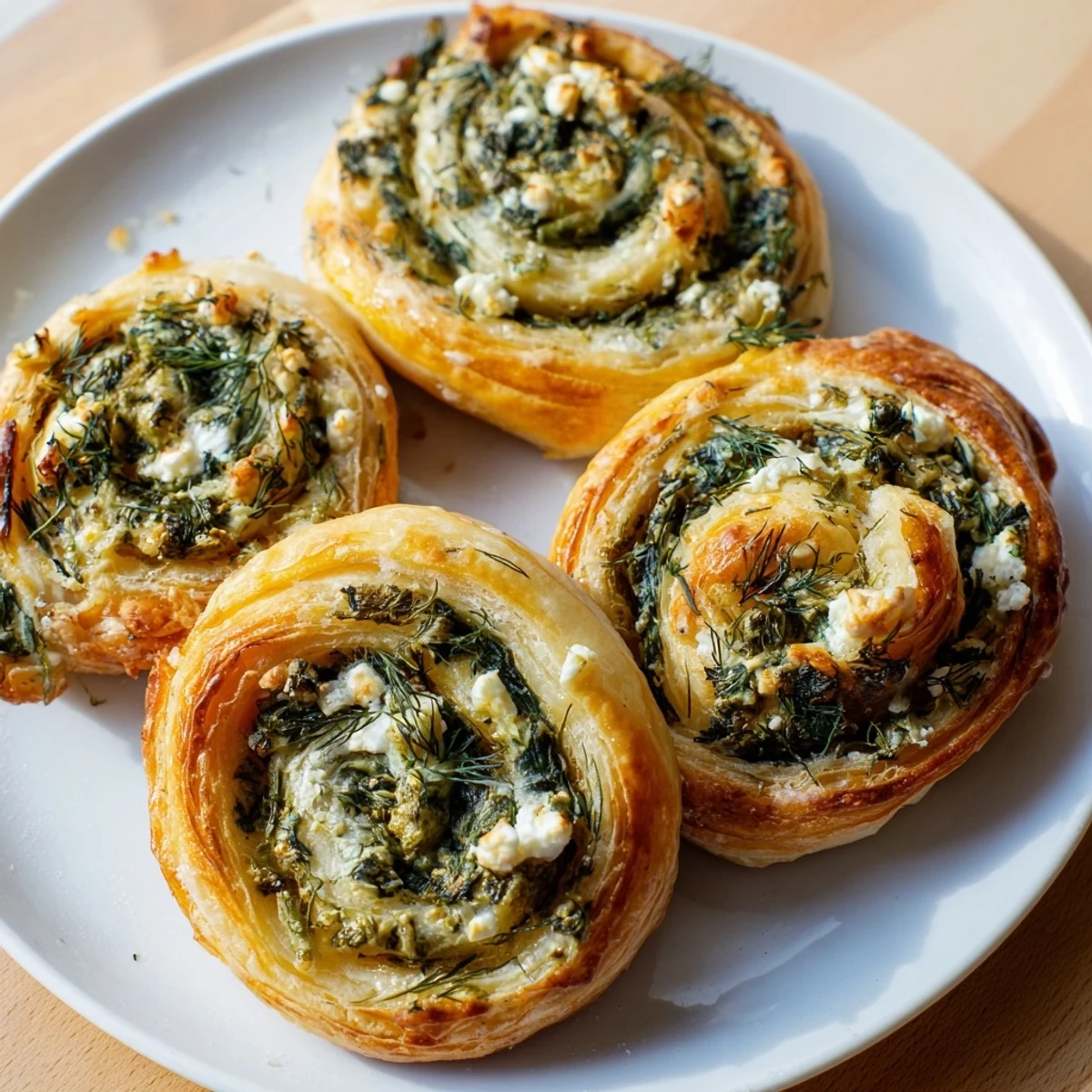 Close-up of baked spinach feta pinwheels, showing the creamy filling of feta and spinach.