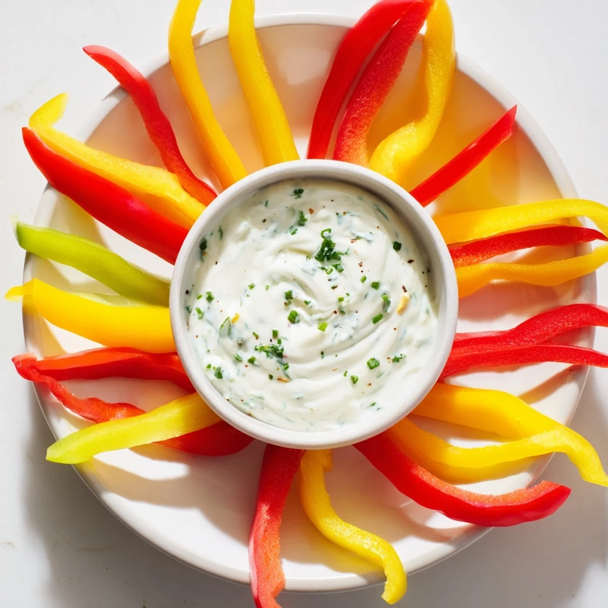 Vibrant bell pepper strips and cool, creamy Greek yogurt dip, a refreshing snack.