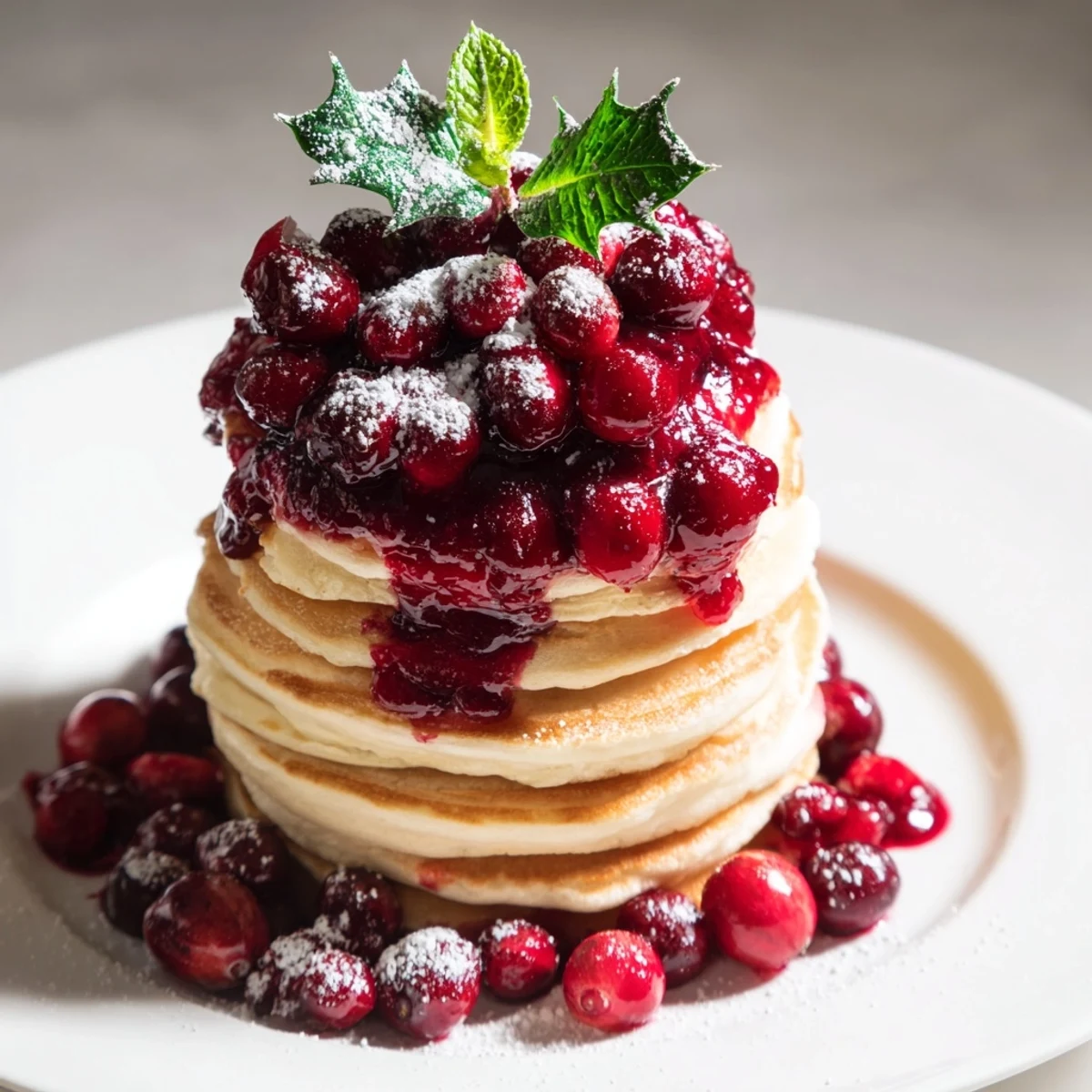 Imagine golden Brunch Board: Pancake Stack pancakes layered with a sweet berry compote and mint “holly.”