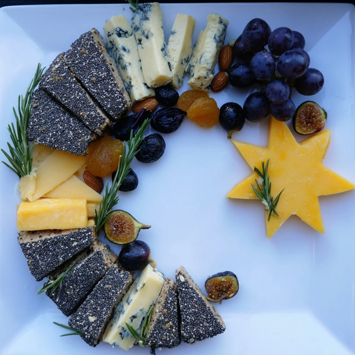 Imagine a festive Crescent Moon & Stars Cheese Board overflowing with colorful fruits, nuts, and delicious cheeses to share.