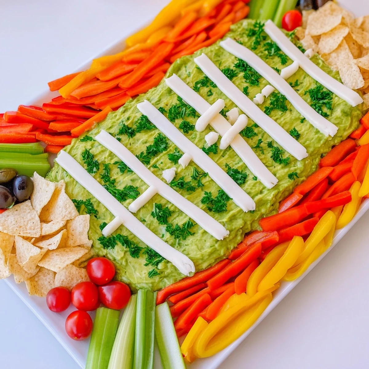 Game Day Football Field Snack Board with vibrant green "turf" and snack stripes for the party.