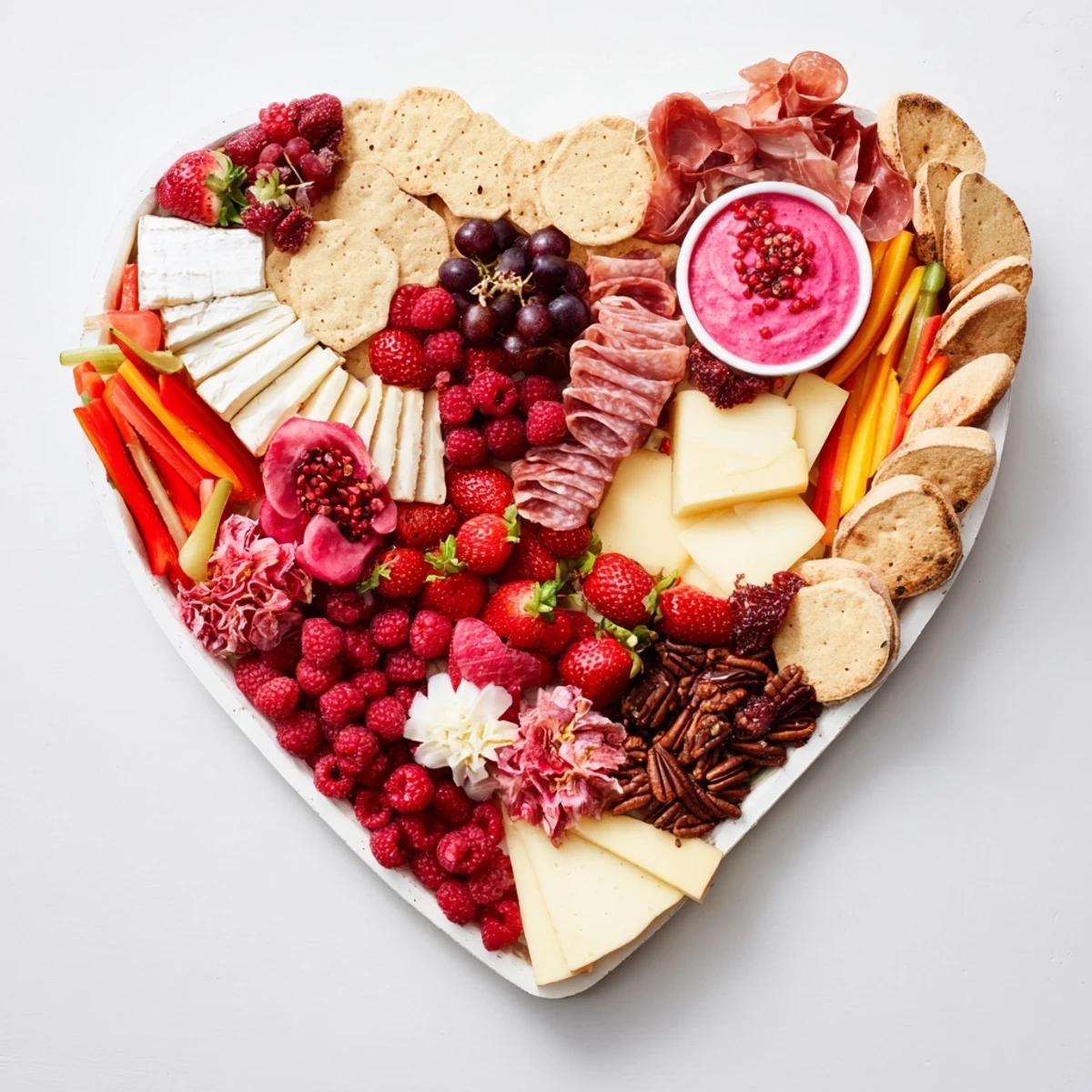 A vibrant Heart of Romance board, overflowing with fruits, cheeses, and charcuterie for sharing.