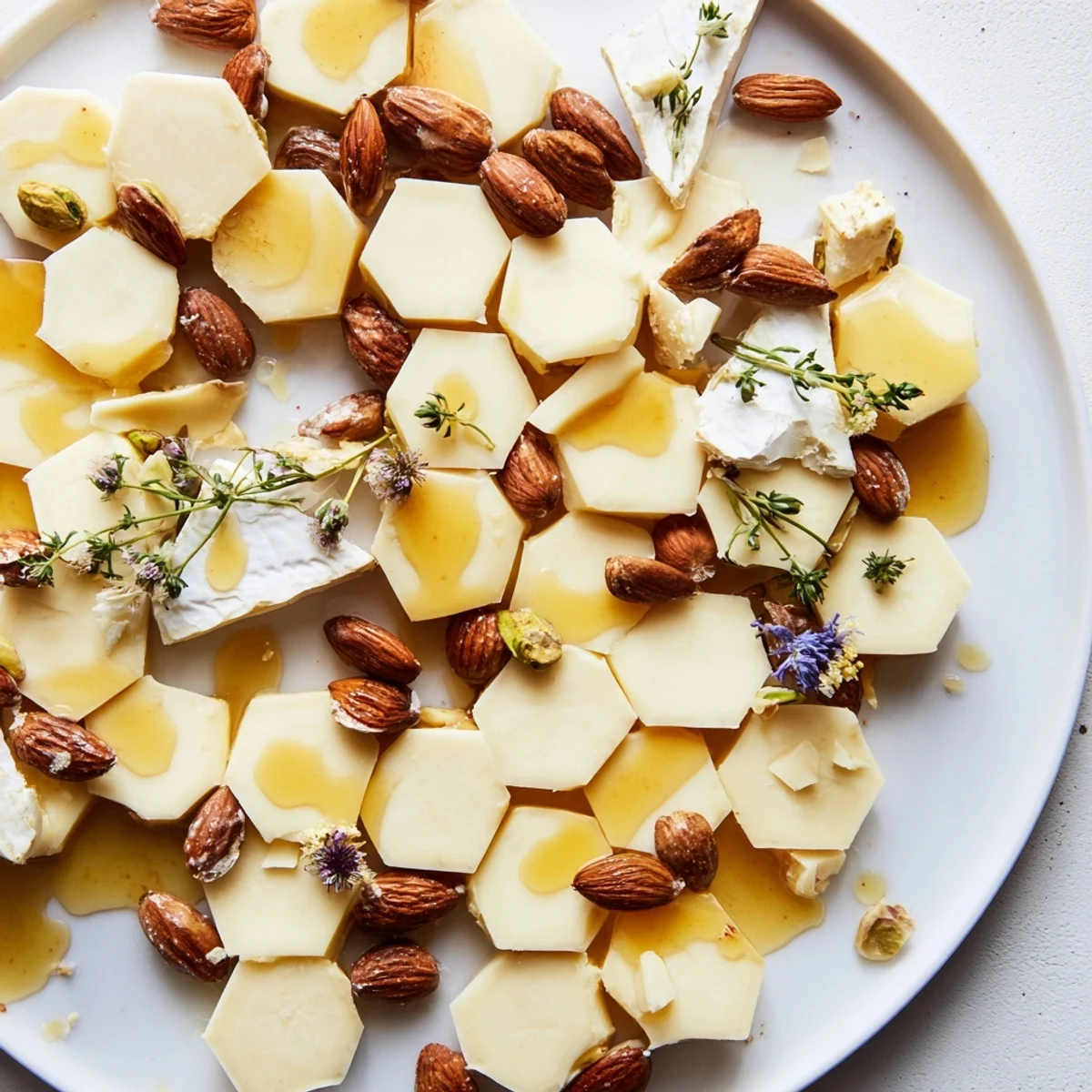 Creamy cheese and nuts arranged in a honeycomb hexagon maze, drizzled with sweet honey.