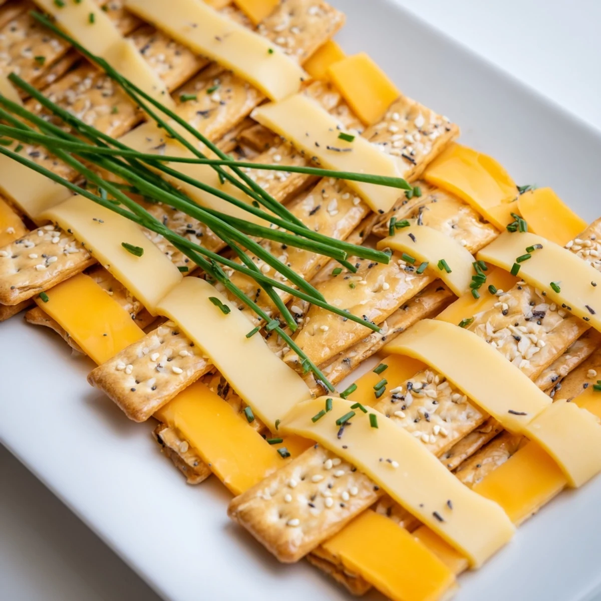 A gorgeous Garden Gate Lattice appetizer: a woven cheese and cracker masterpiece, ideal for sharing.