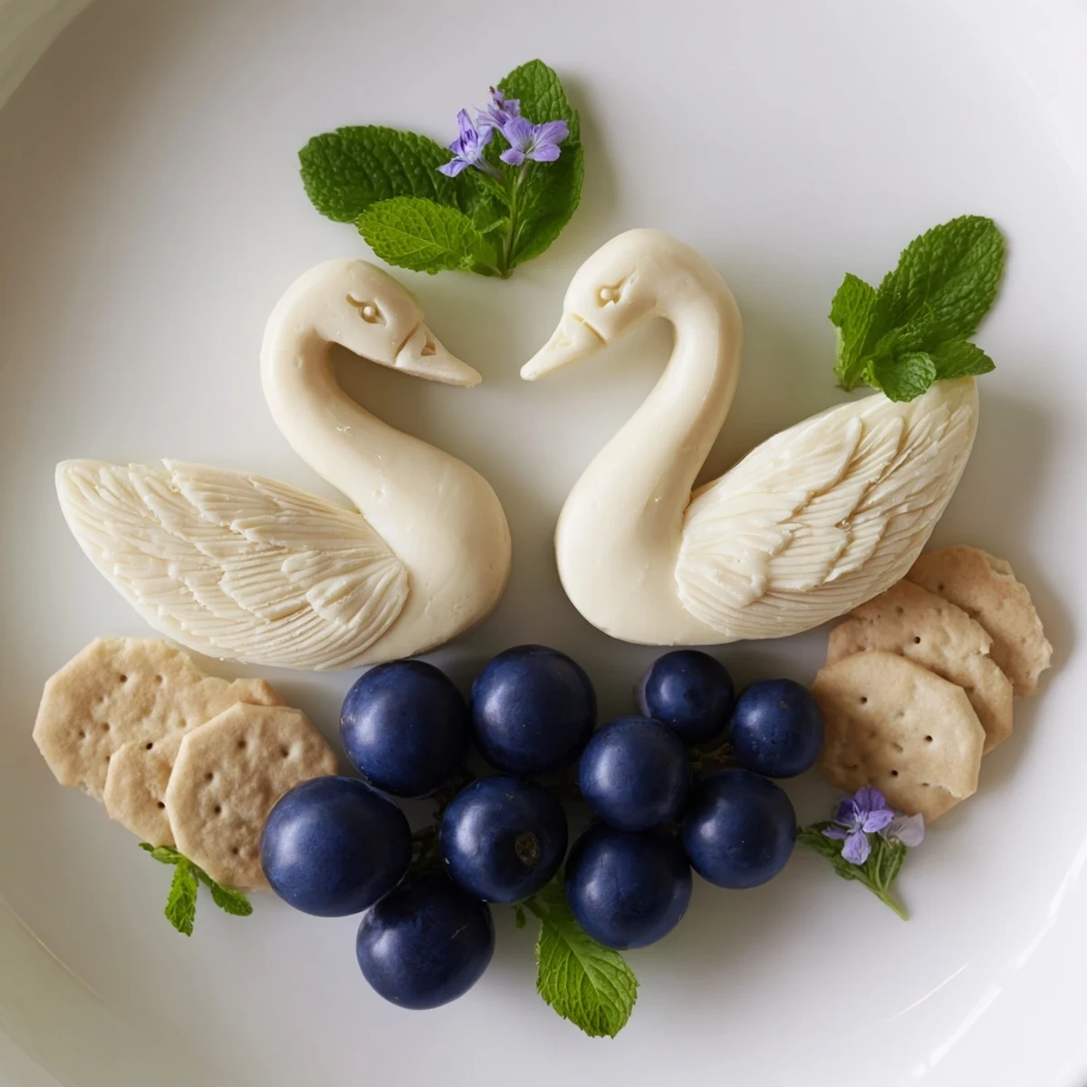 Elegant Swan Lake Board with swan cheese figures surrounded by glistening grapes for an appetizer.