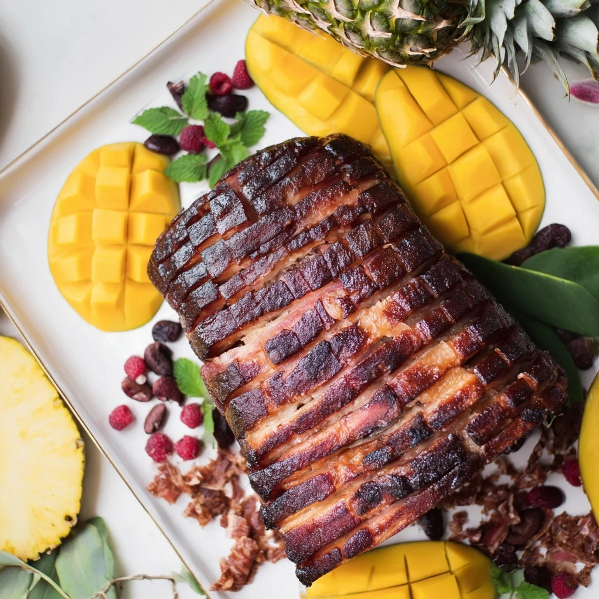 Vibrant Tropical Pineapple Paradise fruit platter: a rainbow assortment of fresh, juicy fruits surrounding a pineapple.