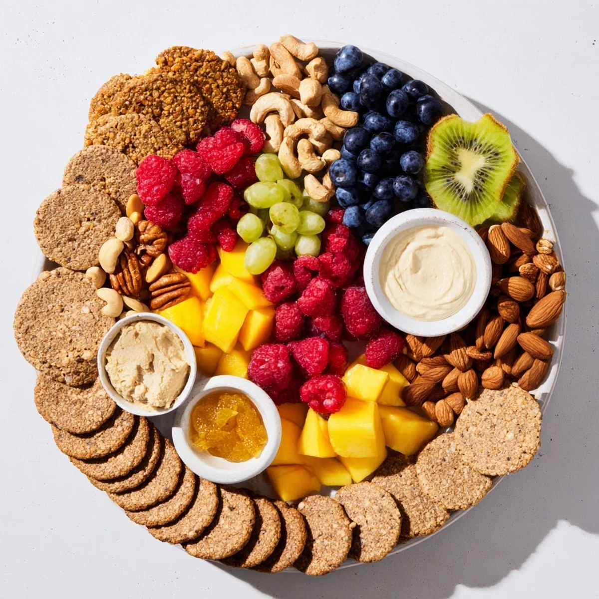 A colorful Hidden Oasis appetizer, featuring vibrant fruits and creamy dips, ready to serve.